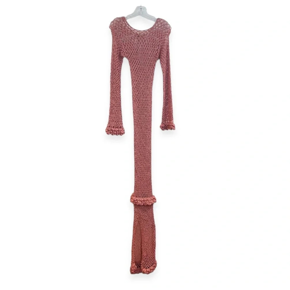 Ayni Pink Crochet Knit Long Sleeve Maxi Dress Resort Wear Swimsuit Cover Up NWT